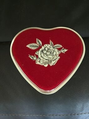 Heart-Shaped Red Velvet Jewelry Box with Silver Rose